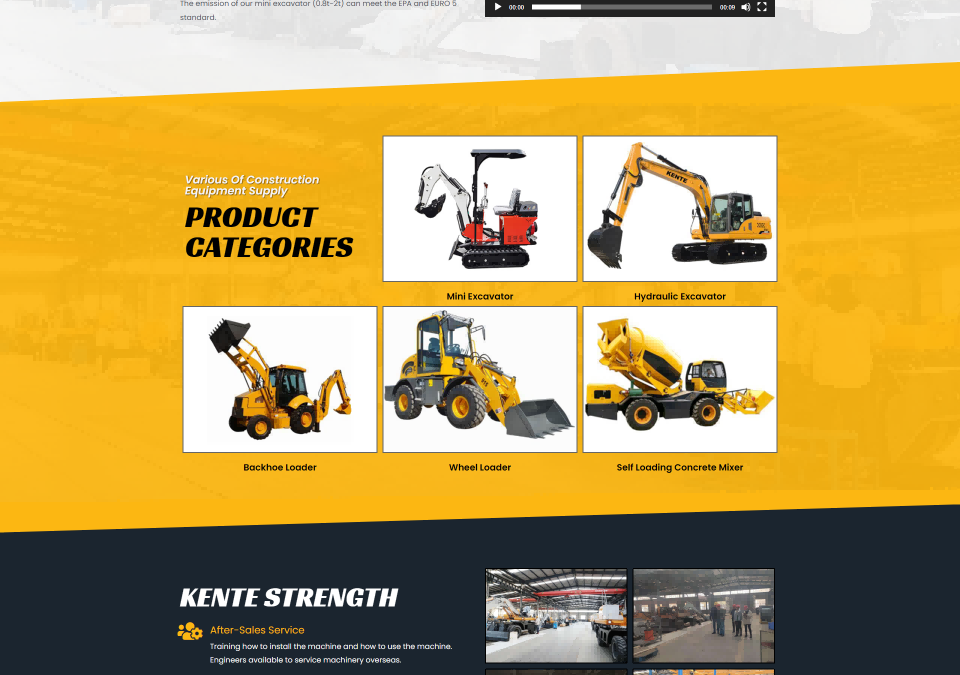 WordPress外贸建站公司案例：挖掘机制造商 B2B外贸独立站 迷你挖掘机、液压挖掘机、反铲装载机、轮式装载机、自装混凝土搅拌机及挖掘机备件