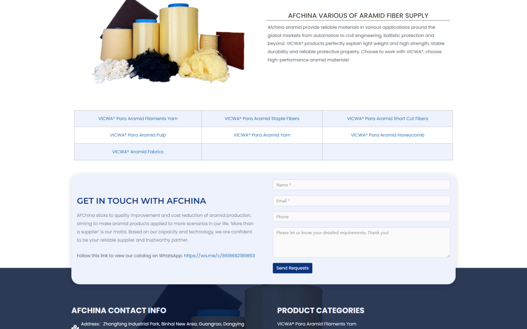 wordpress外贸建站公司案例：芳纶纤维及复合材料企业 b2b外贸独立站 长丝、短纤维、短切纤维、浆粕、纱线及蜂窝结构材料