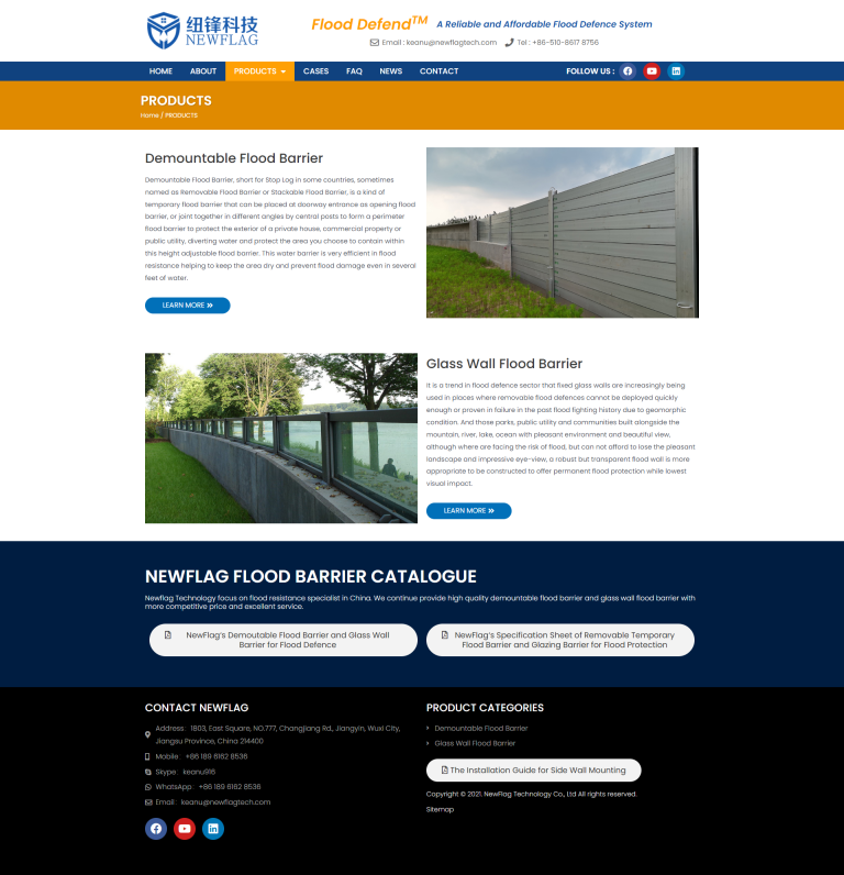 wordpress外贸建站公司案例：防洪屏障制造商 b2b外贸独立站 可拆卸防洪屏障和玻璃墙防洪屏障