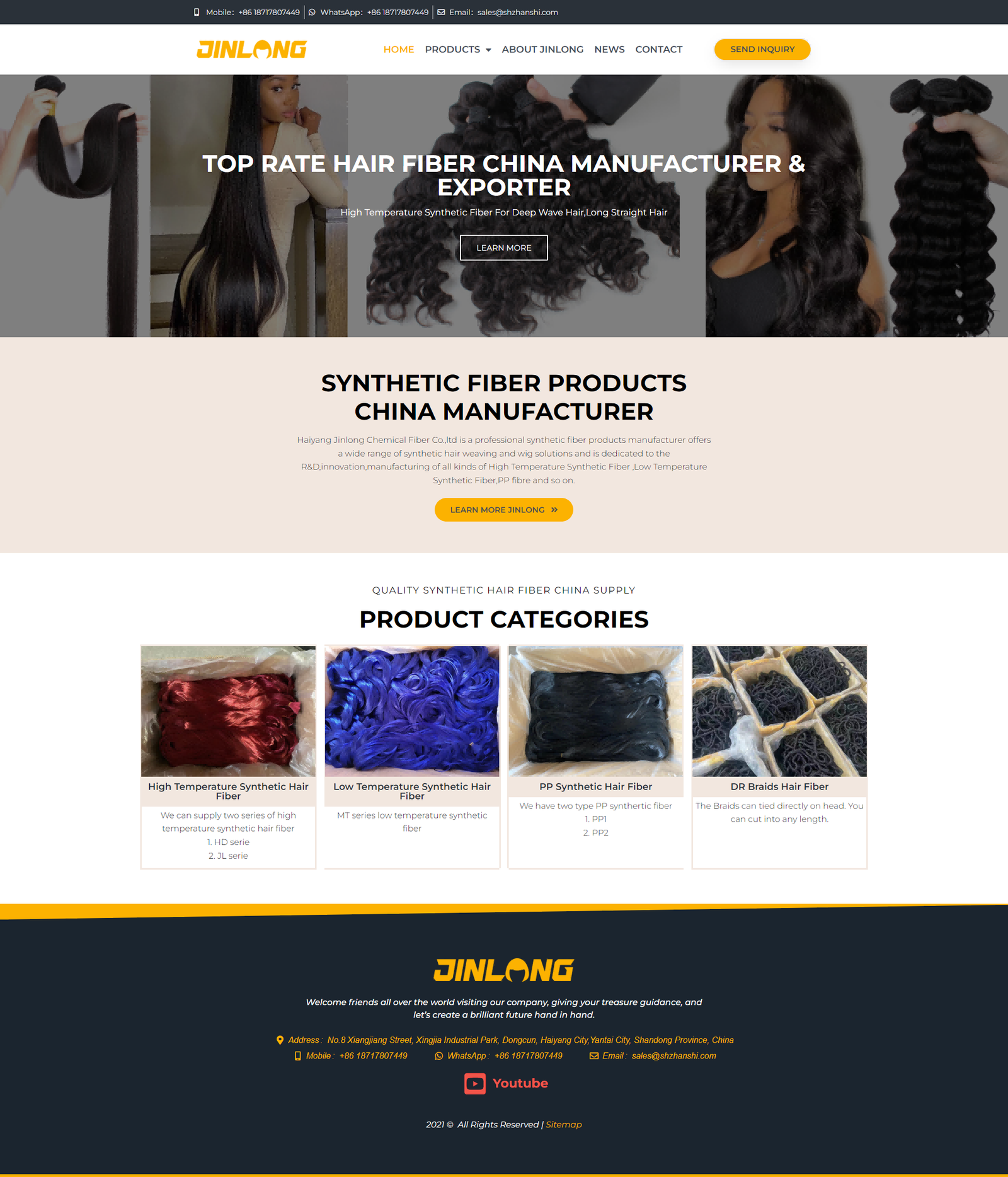 wordpress外贸建站公司案例：合成发纤维制假发 b2b外贸独立站 高温合成发纤维、低温合成发纤维、pp合成发纤维、dr辫子发纤维