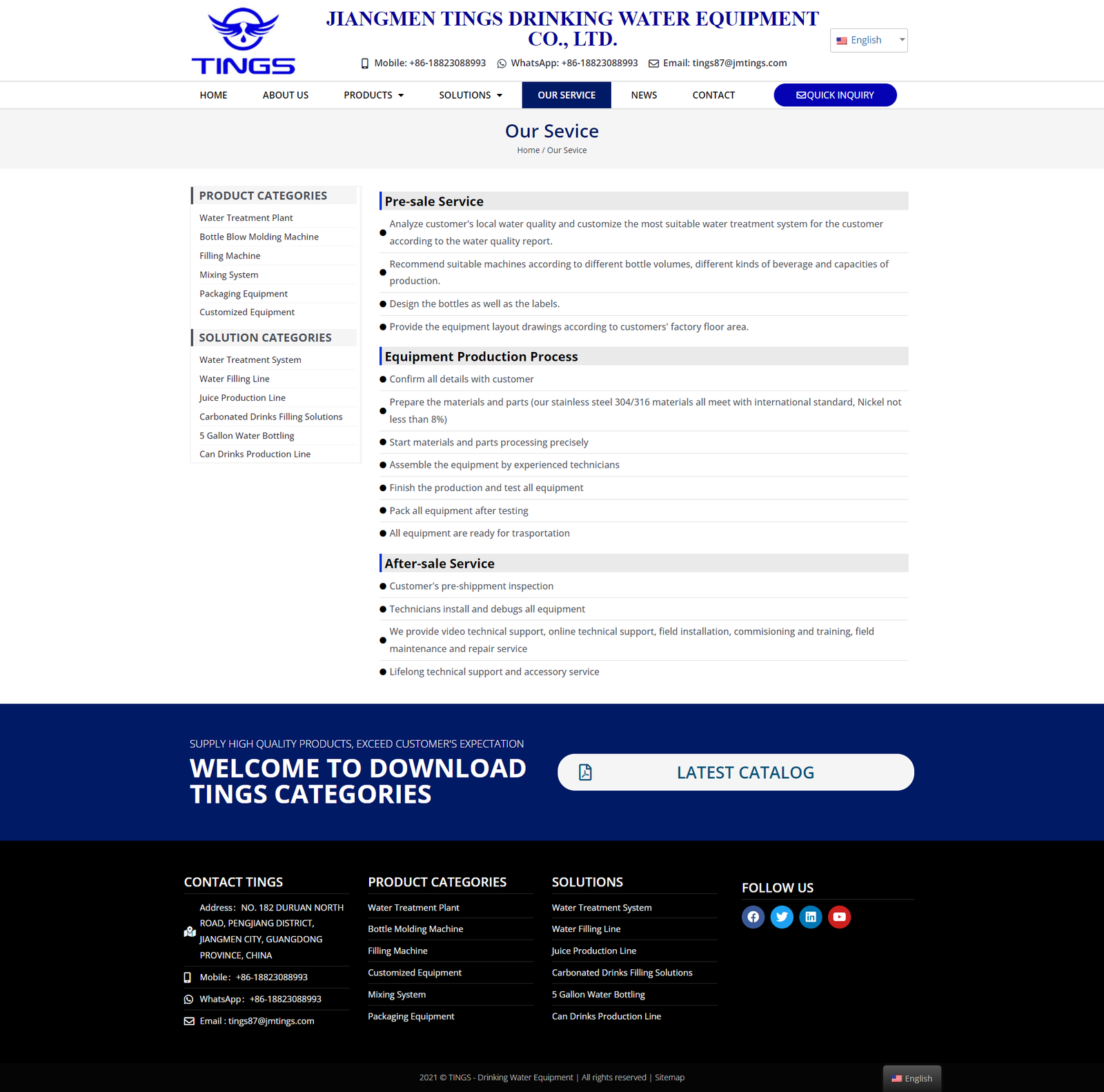 wordpress外贸建站公司案例：水处理和饮料生产设备制造商 b2b外贸独立站 吹瓶机、灌装机、混合系统、包装设备、定制设备