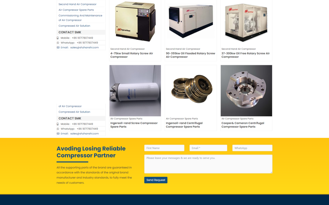 WordPress外贸建站公司案例：空气压缩机及相关设备供应商 B2B外贸独立站 二手空气压缩机、空气压缩机备件、调试与维护